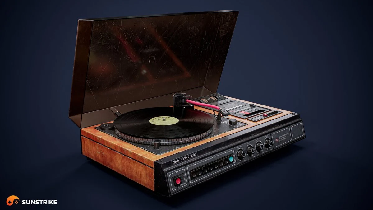 Photoreal 3D model of a vintage wooden vinyl record player with open smoked-acrylic lid, exposed turntable and analog control panel