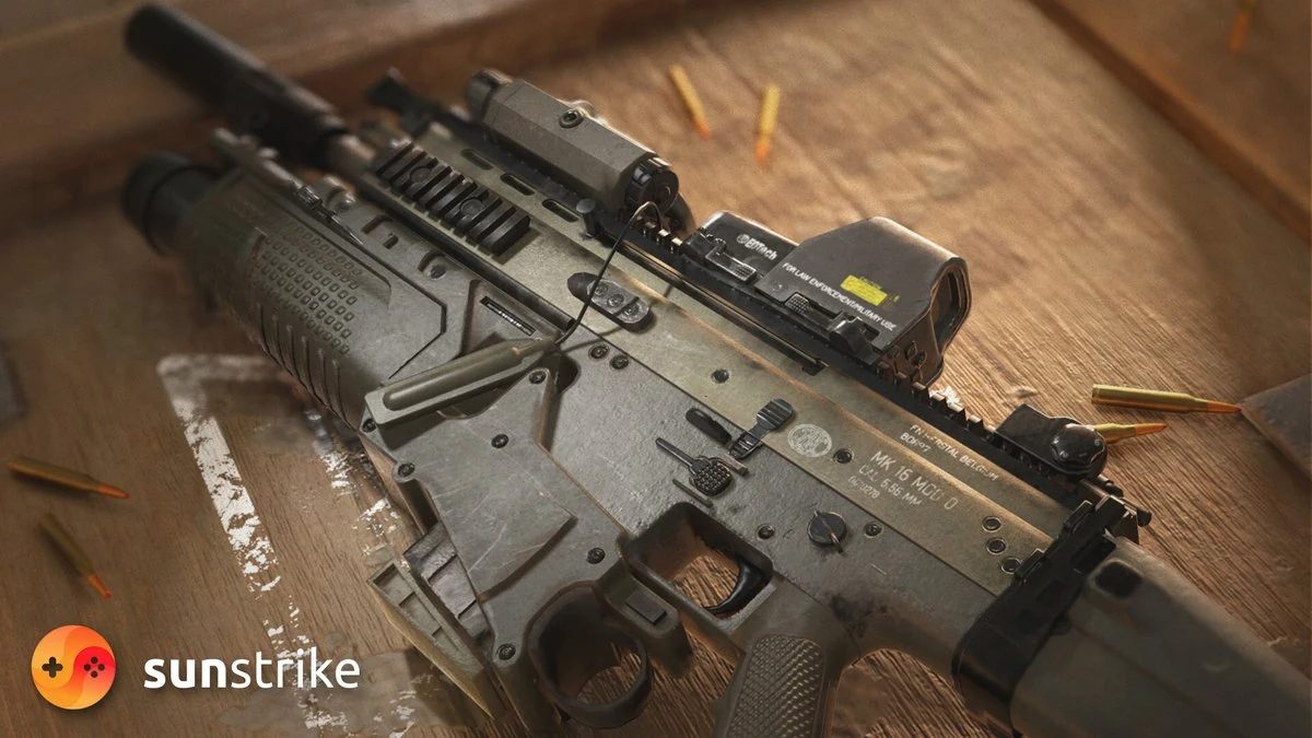 Photoreal 3D weapon model - a tactical assault rifle with red-dot sight and suppressor lying on a wooden table next to scattered rifle cartridges