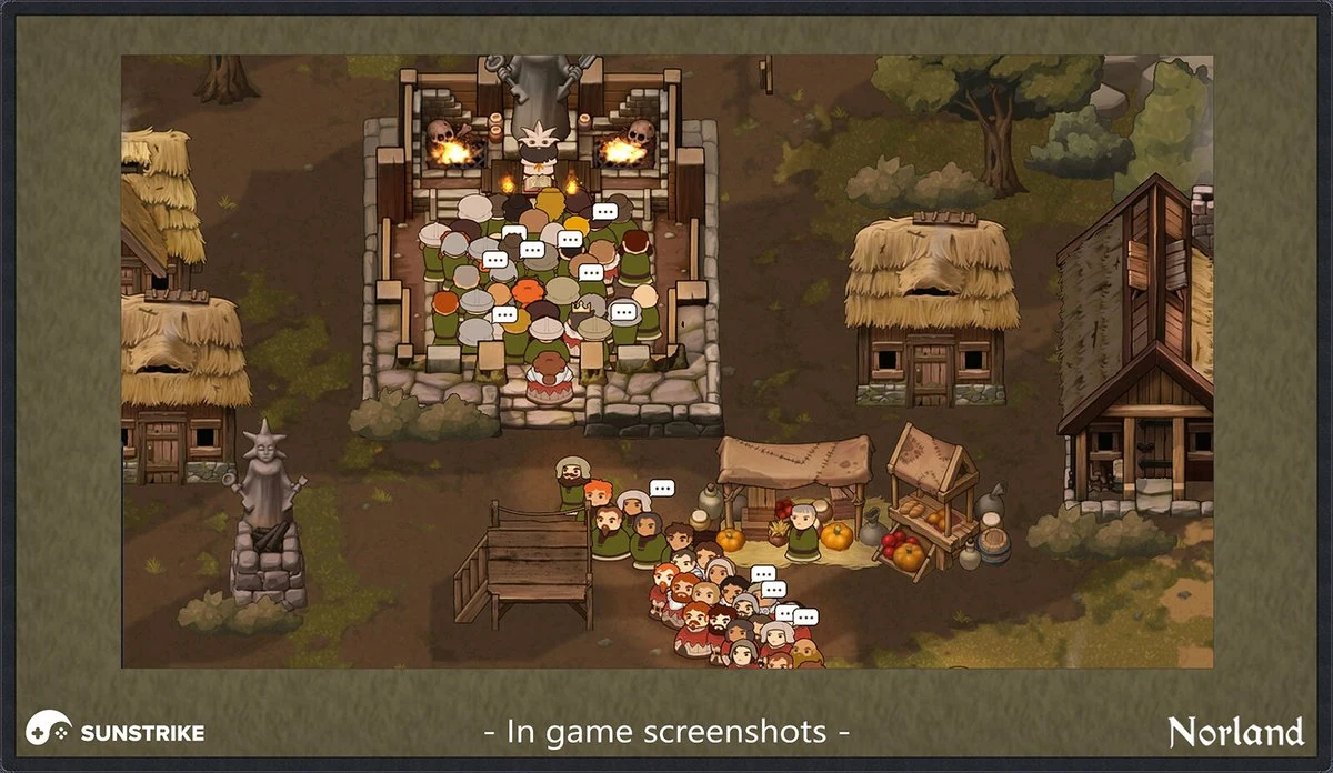 Norland game interface - top-down medieval village scene with characters, buildings and in-game HUD elements