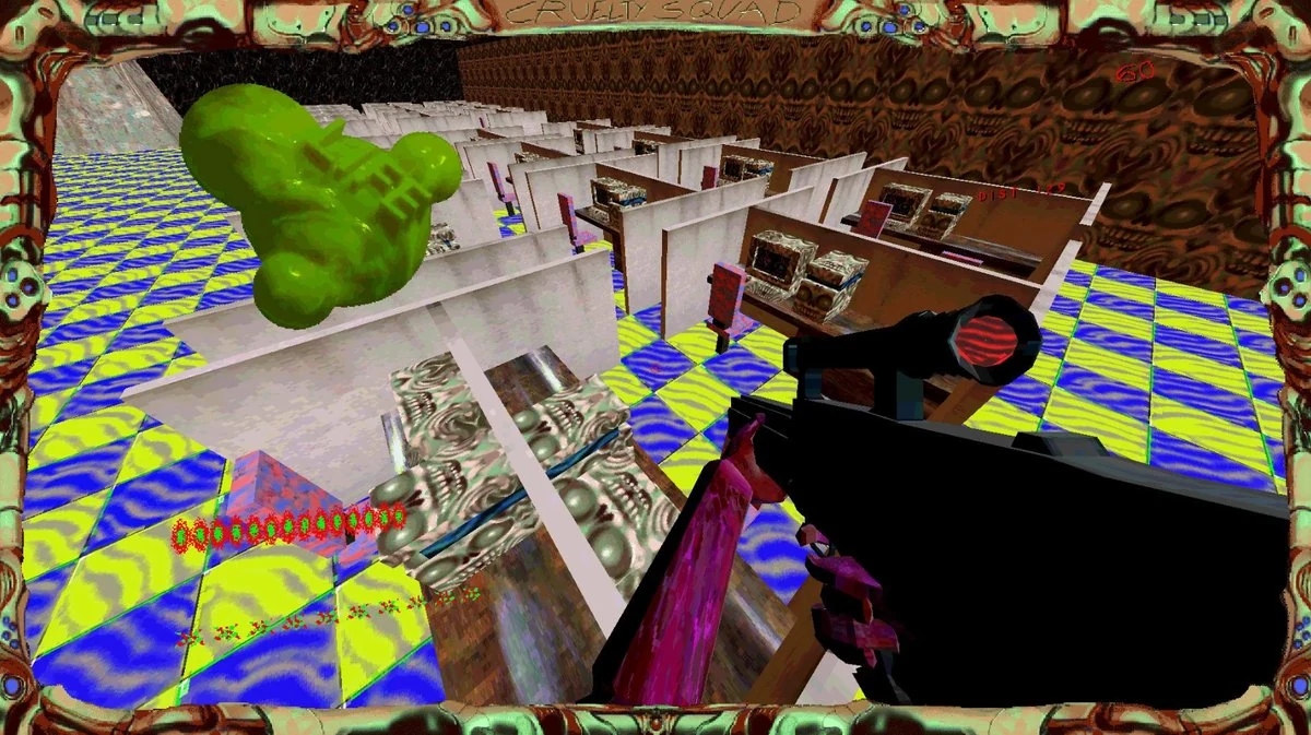 Cruelty Squad game UI - chaotic surreal first-person shooter view with experimental HUD overlay and bright stats