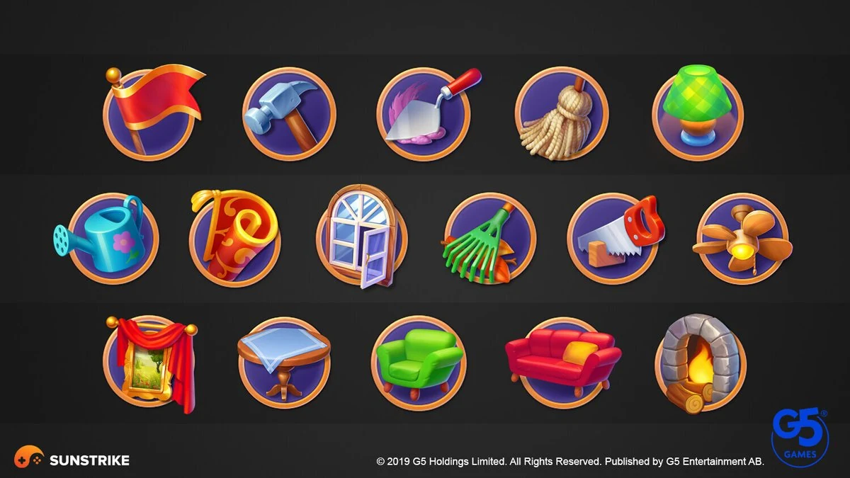 Mahjong Journey game icons set - circular household and decorative item icons in a stylized 2D art style