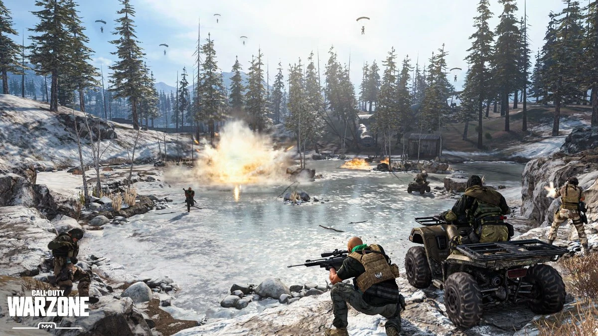 Call of Duty: Warzone snowy battlefield with operators on quad bikes, parachutes overhead, and an explosion - free-to-play battle royale gameplay