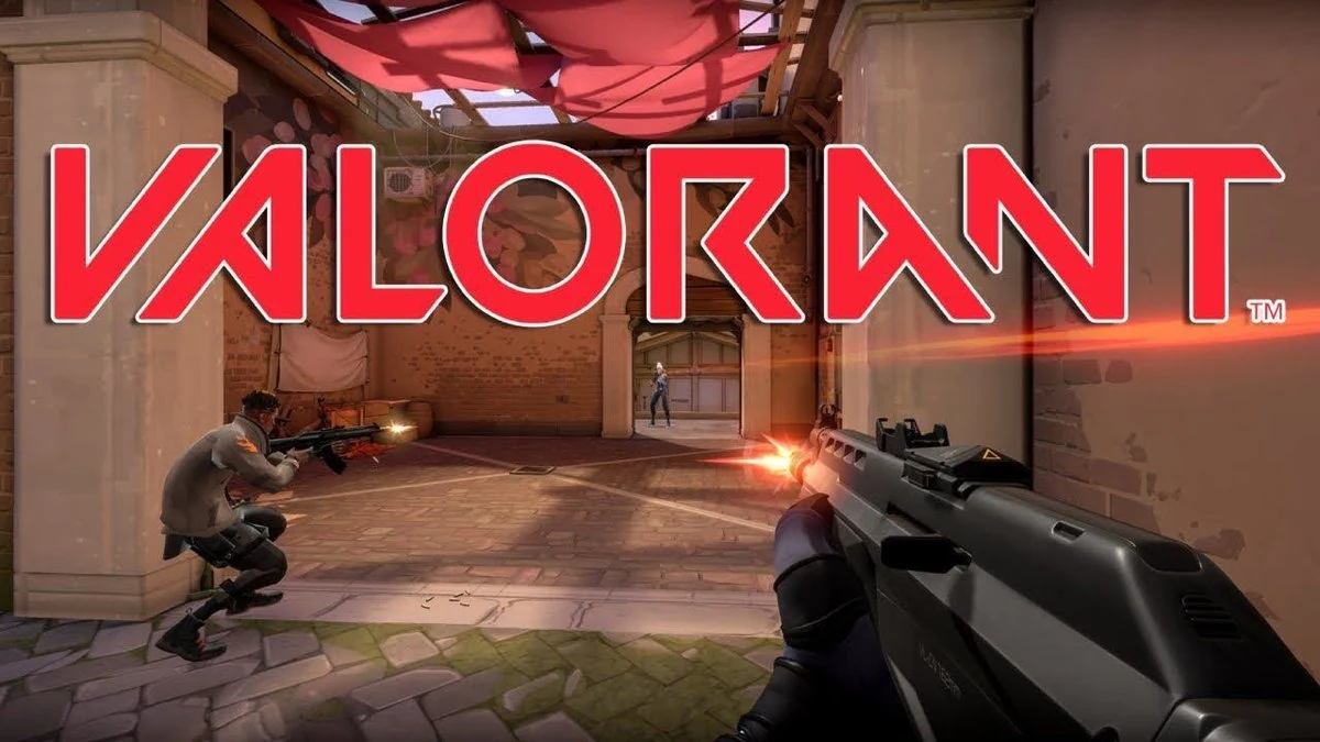 VALORANT first-person view holding an angle inside a brick site with red laser tracers and an enemy agent peeking - tactical free-to-play shooter