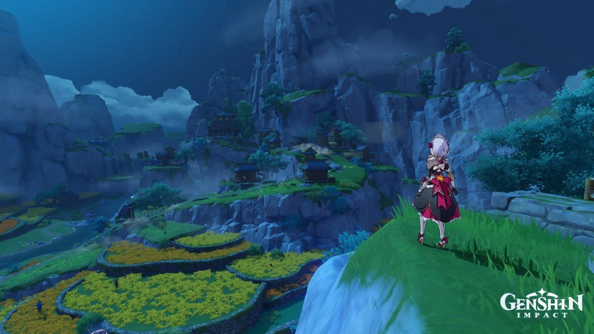 Genshin Impact Inazuma scenery at twilight with a character standing on a cliff overlooking yellow flower fields and rocky islands - open-world free-to-play action RPG