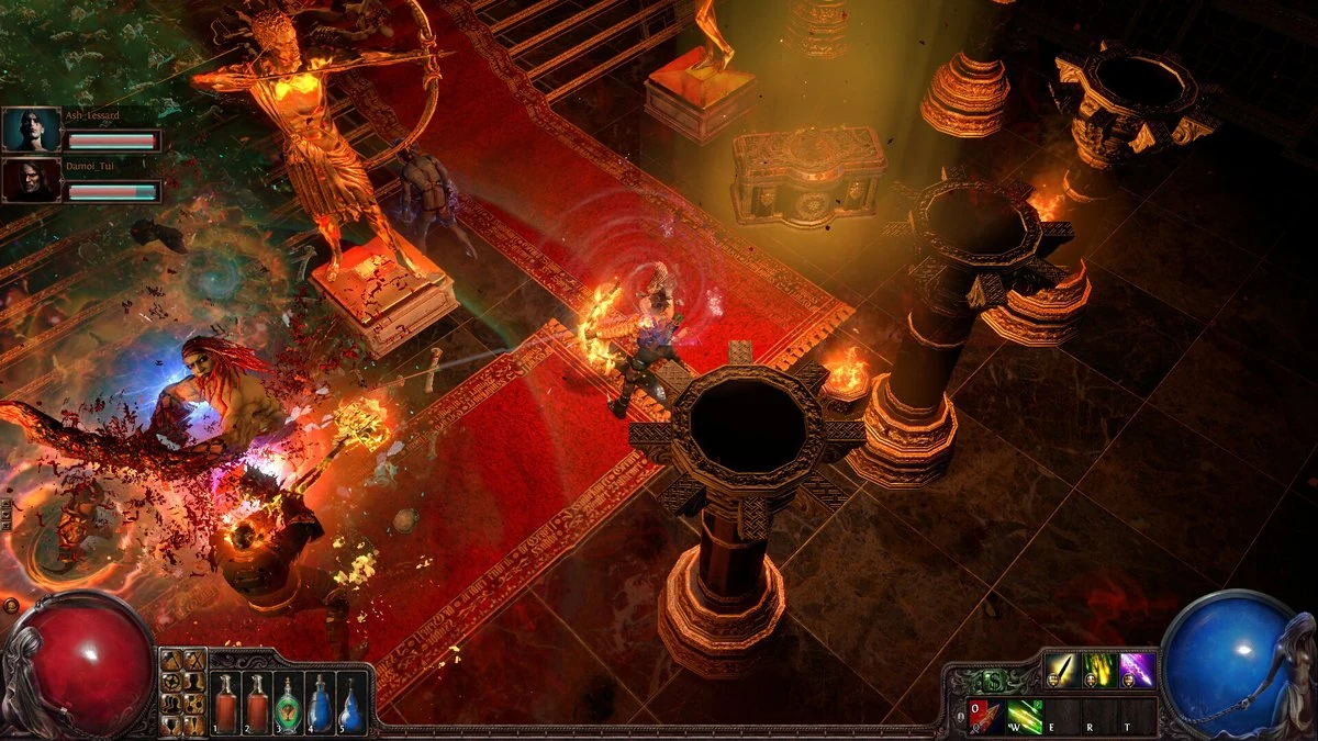 Path of Exile temple interior with a player character casting fire magic against enemies on a red carpet floor - free-to-play action RPG