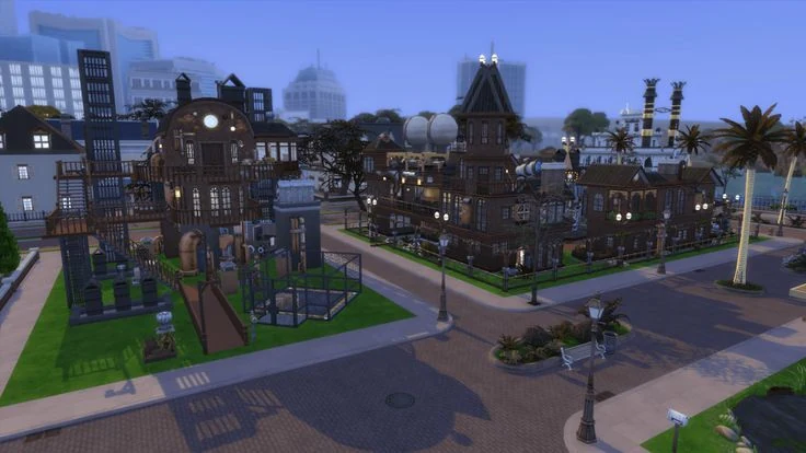 The Sims 4 cityscape neighborhood at dusk with steampunk-style mansions, a graveyard, and palm trees lining the street - free-to-play life simulation