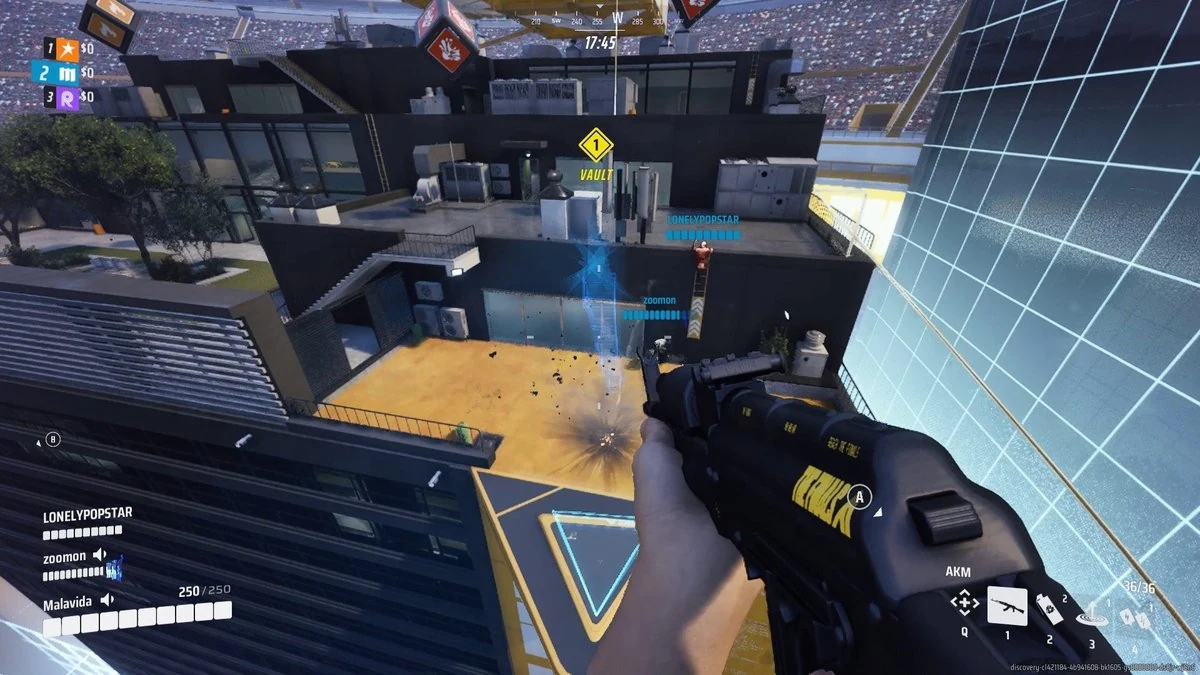 THE FINALS first-person view of a player holding an AKM rifle inside a destructible glass arena with vault objective markers - free-to-play game-show shooter