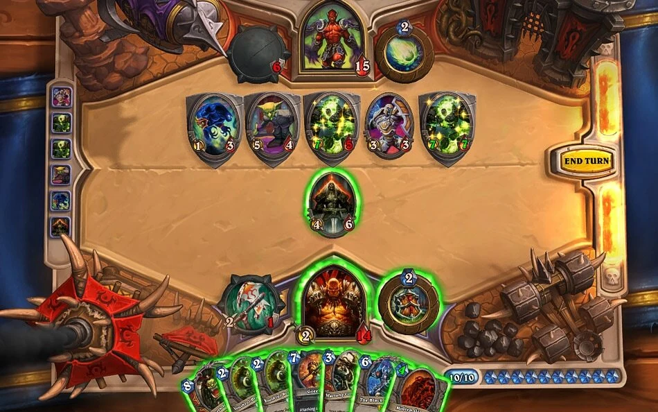 Hearthstone match board with five minion cards in play, hero portraits with mana crystals, and an End Turn button - free-to-play digital collectible card game