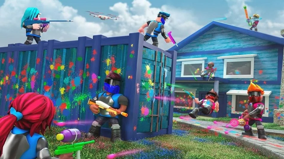 Roblox blocky avatars with paintball guns battling on a colorful suburban map covered in neon paint splatters - user-generated free-to-play platform