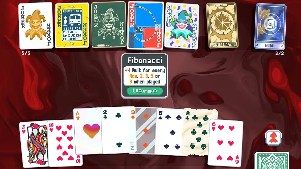Balatro gameplay screen showing a poker-style roguelike layout with chips, jokers, and stylized card UI