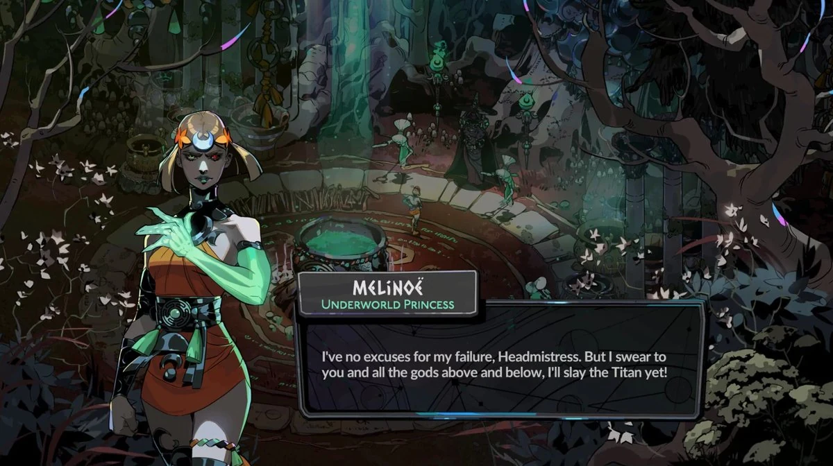 Hades II combat scene featuring Melinoe wielding magical weapons against mythological enemies in a vibrant underworld arena