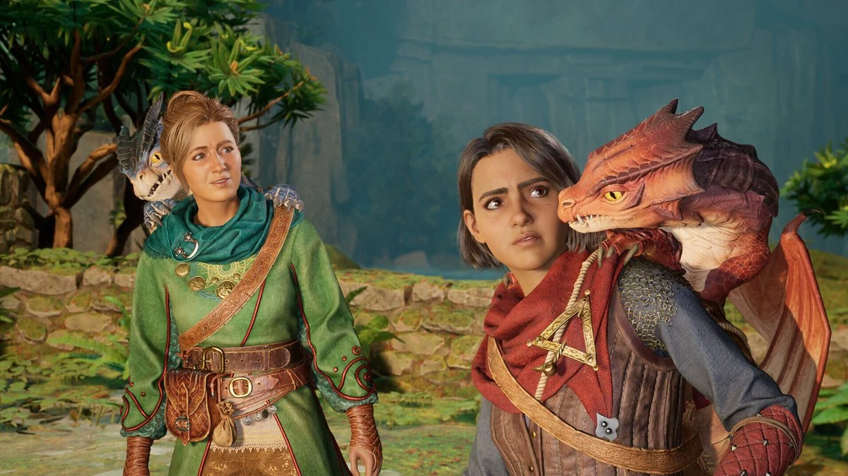 Split Fiction split-screen co-op moment with two protagonists in contrasting sci-fi and fantasy environments