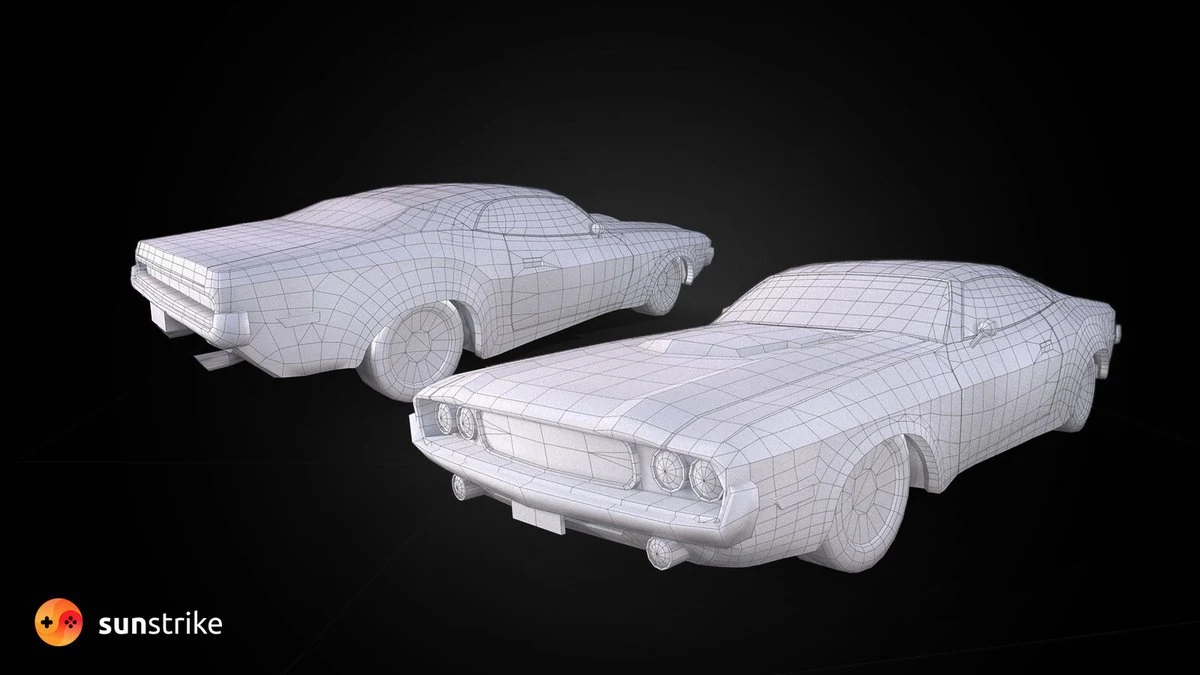 Subdivision wireframe topology of two muscle car 3D models showing quad flow across hood, fenders and roof for clean reflections