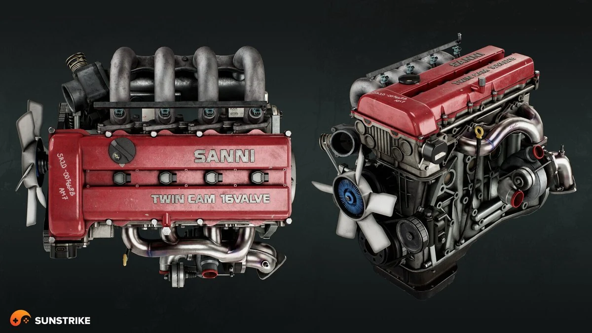 Two PBR-textured 3D engine models with red SANNI Twin Cam 16-Valve covers, exposed manifolds and turbo piping, created for an internal game project