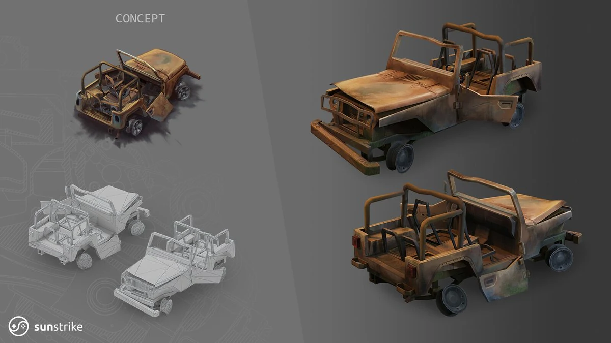 Rusty post-apocalyptic buggy 3D car concept and game-ready models with weathered metal, exposed roll cage and damaged bodywork for a survival game