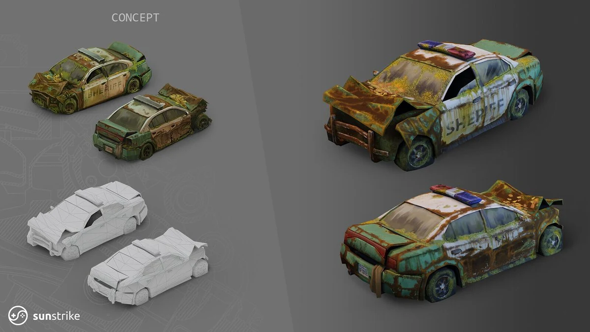 Rusted sheriff police sedan concept art with low-poly wireframe and final 3D vehicle model showing weathered green paint, damaged panels and overgrowth