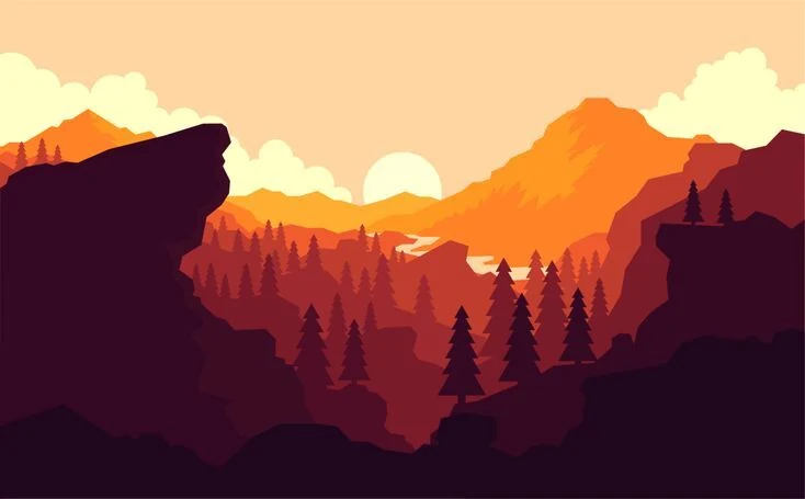 Stylized mountain landscape painting with snowy peaks and warm sunset clouds for a 2D game environment