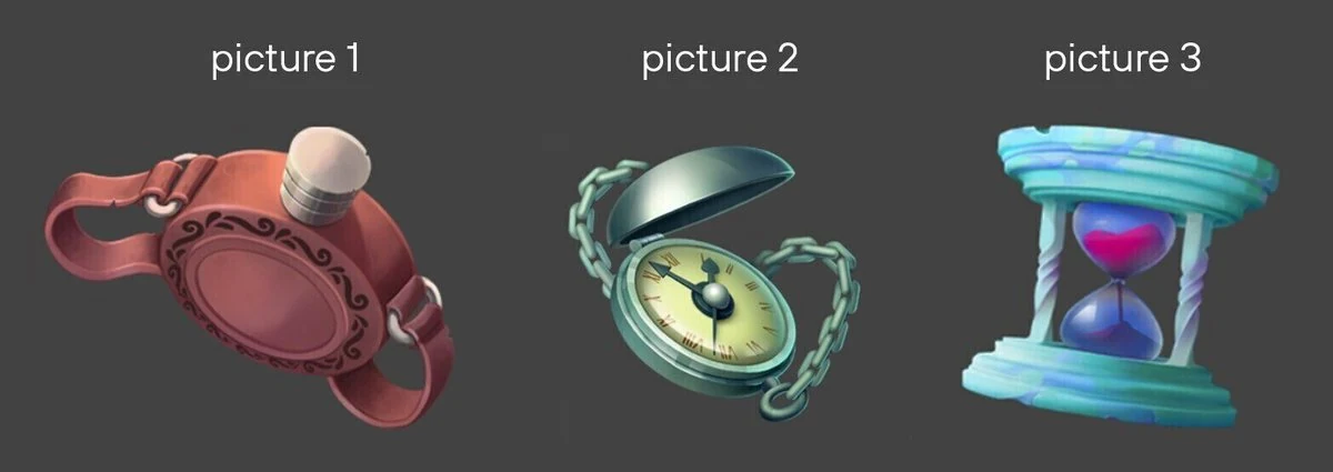 Three test icons of a flask, a wristwatch, and a clock face placed against painted backgrounds, showing different foreshortening choices by BootCamp candidates