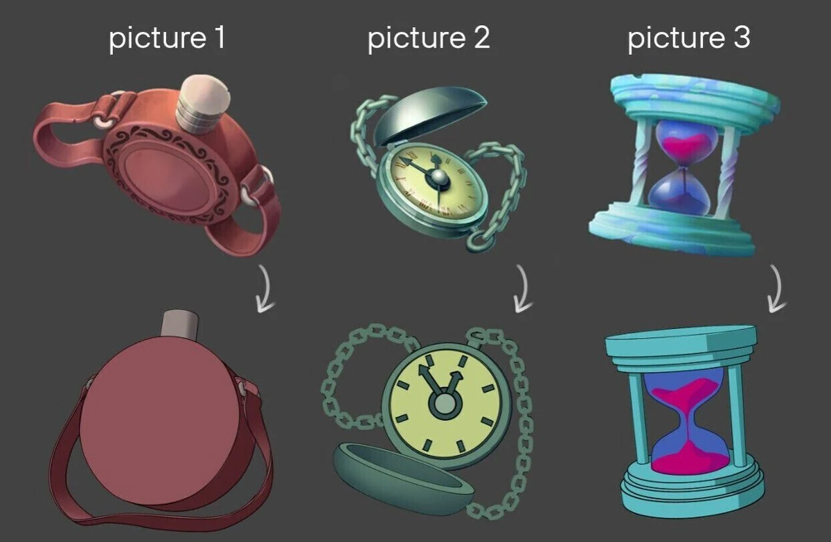 The same flask, wristwatch and clock icons redrawn with corrected angles - flask rotated to show the belly, watch tilted to reveal the dial, clock turned to expose the upper plane