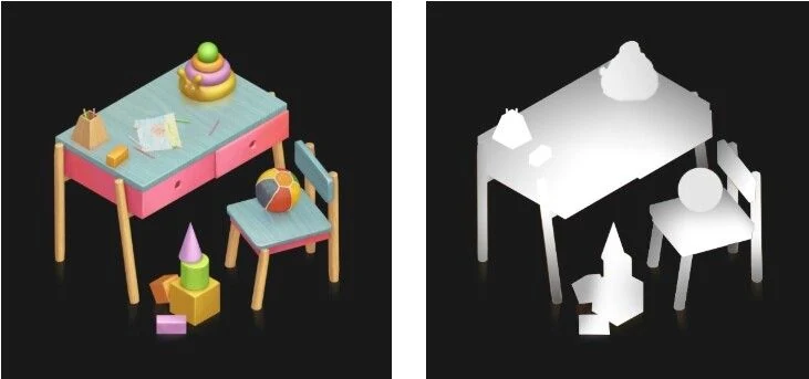 Diagram explaining how local depth is layered onto isometric objects to recover lost spatial volume