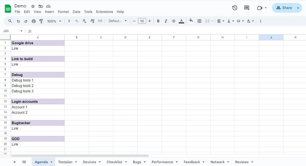 Agenda section of an exploratory testing document listing application links, working instructions, test environments and helper details in a structured layout