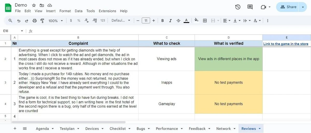 Reviews section of an exploratory testing document listing store comments about freezes, lags and crashes alongside reproduction status and notes