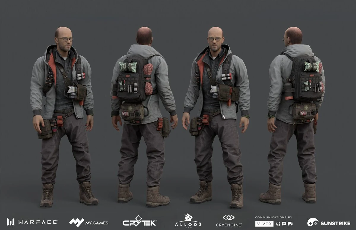 Bald operative character with backpack shown from four angles - 3D character model for Warface by SunStrike Studios