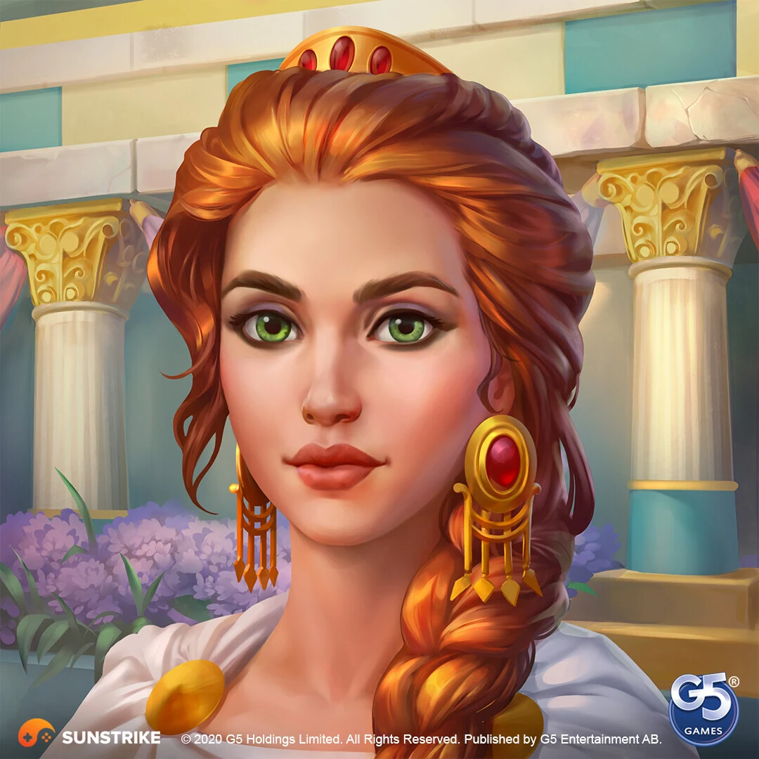 Stylized portrait of red-haired Egyptian queen with golden tiara - 2D character art for Jewels of Egypt by SunStrike Studios