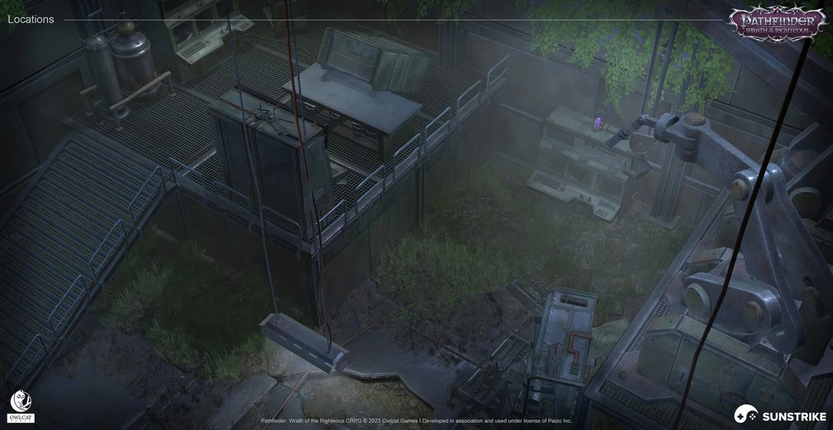 Dim industrial laboratory location with stairs and machinery - 3D environment for Pathfinder: Wrath of the Righteous by SunStrike Studios