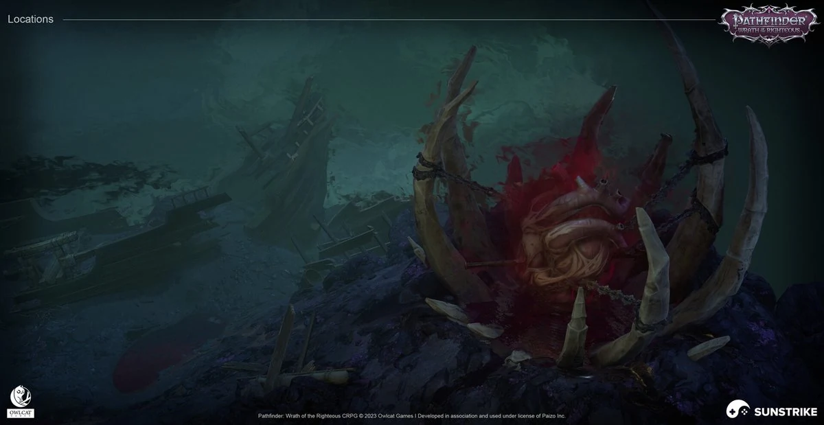 Dark underwater scene with bone spikes and shipwreck - 3D location concept for Pathfinder: Wrath of the Righteous by SunStrike Studios