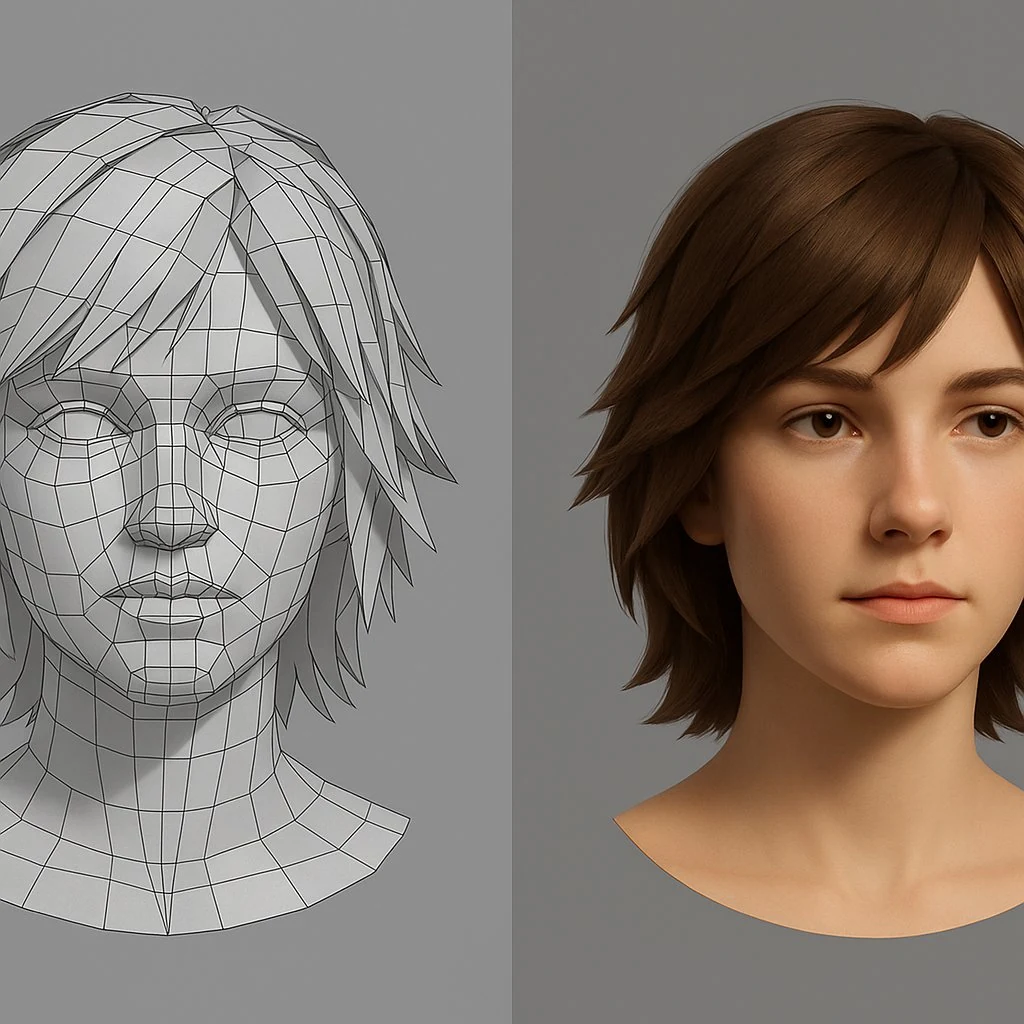Wireframe head model on the left next to a fully shaded realistic female character bust on the right - direct comparison of low-poly topology and high-poly result