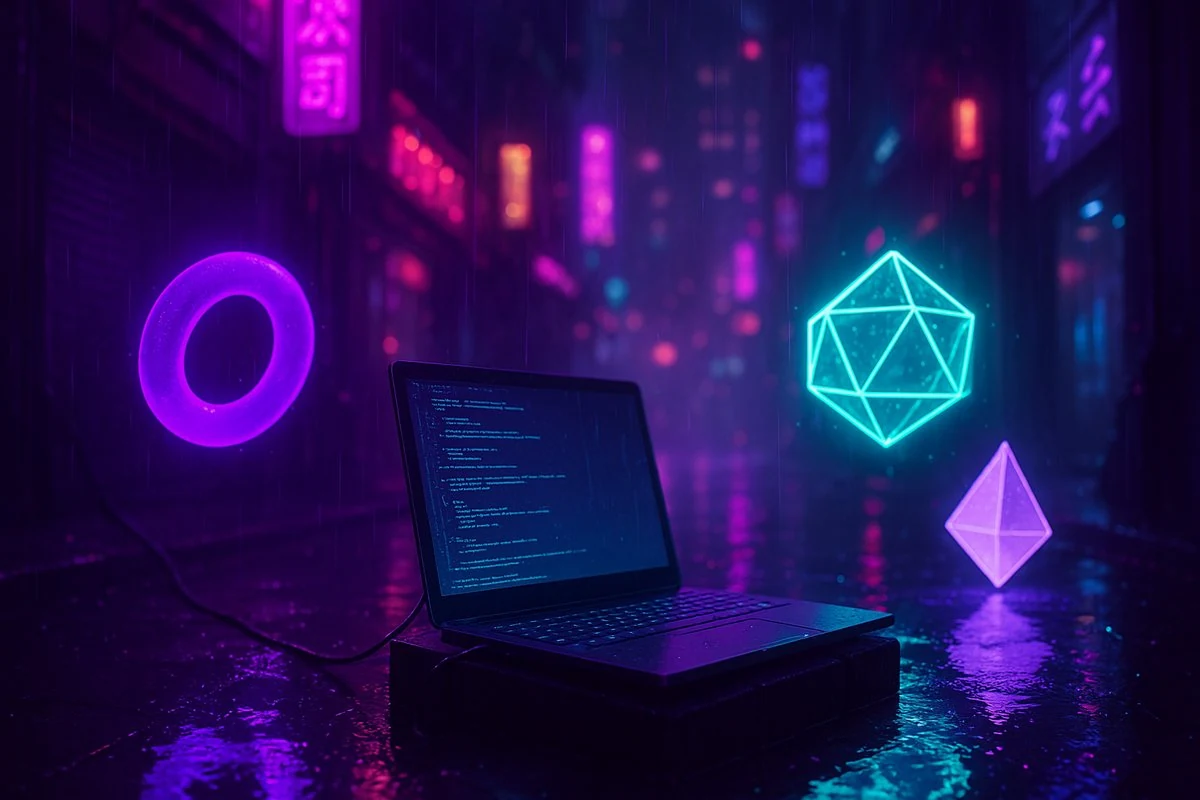 Laptop on a wet city street at night with neon-pink torus, cyan icosahedron, and pale octahedron geometry floating beside it - illustrative scene for 3D modelling and pipeline tooling