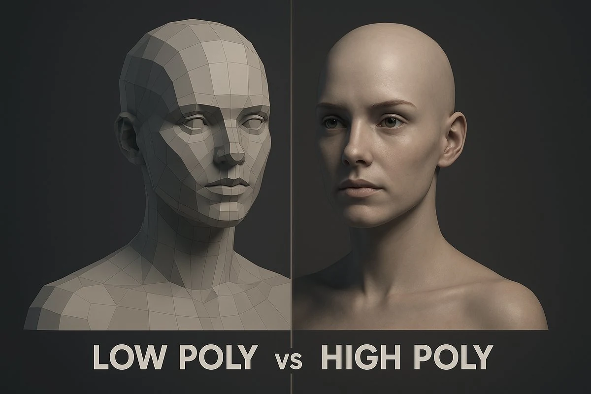 Side-by-side faceted low-poly female head, smooth high-poly sculpt of the same character, and final textured render labelled LOW POLY vs HIGH POLY