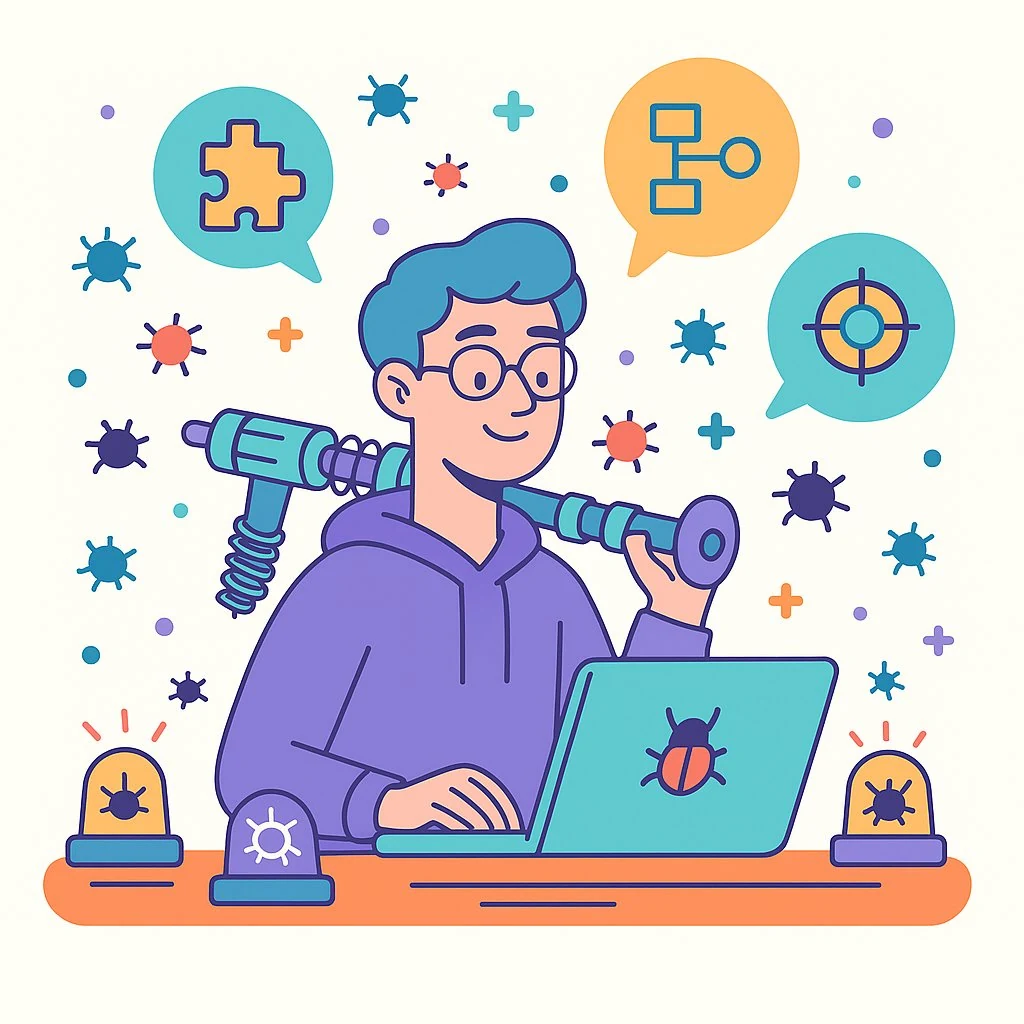 Flat illustration of a developer in a purple hoodie at a laptop surrounded by puzzle, flowchart, and target speech bubbles - decorative graphic for QA and technical art workflow
