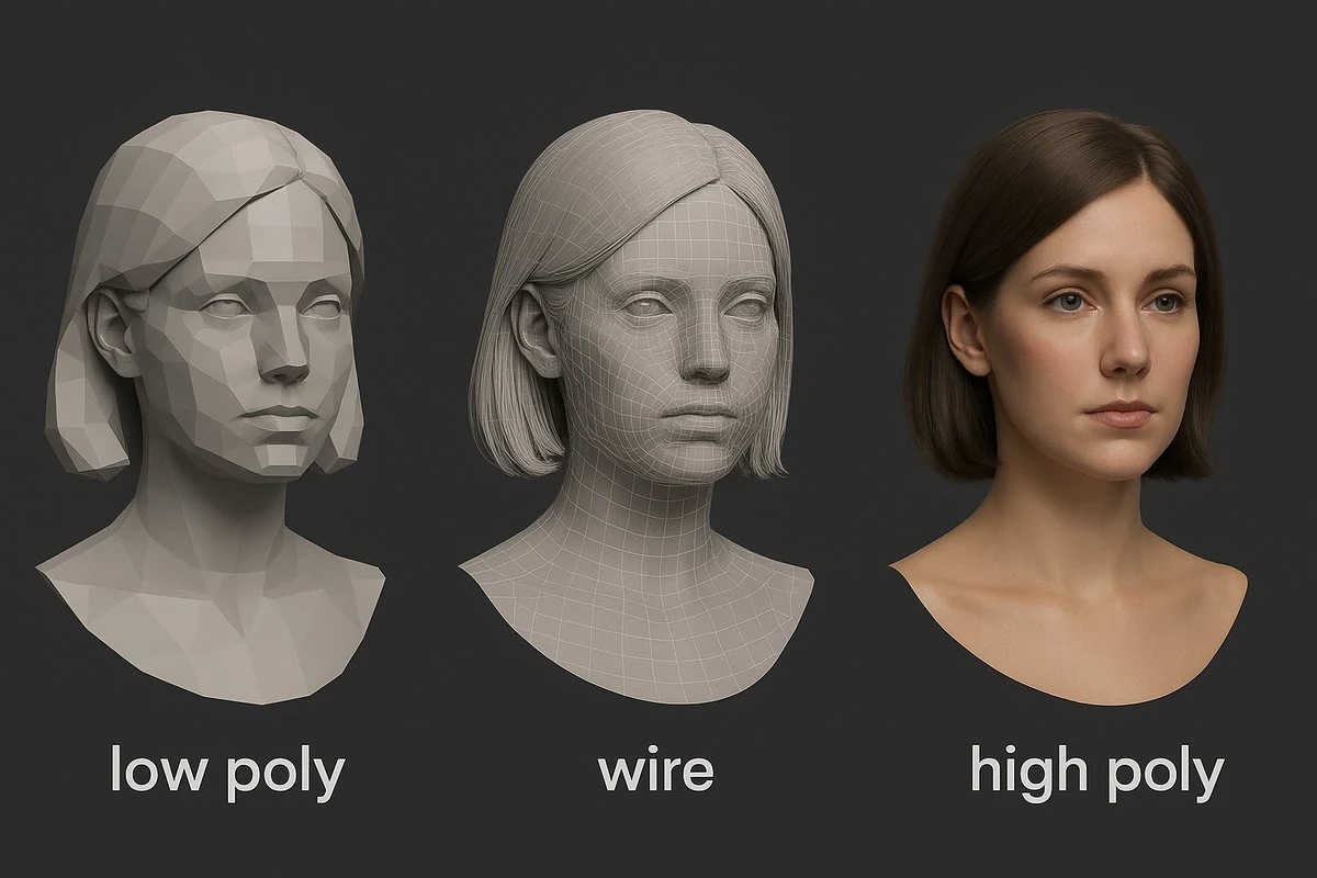 Three identical female head models side by side - faceted low-poly version, mid-stage wireframe, and final smooth-shaded high-poly render with hair and skin labelled accordingly