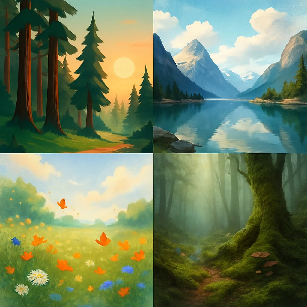 Painterly stylized environment art quad showing pine forest at sunset, mountain lake with snowy peaks, wildflower meadow with butterflies and misty forest interior