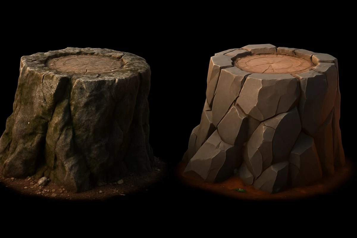 Comparison of two 3D tree stump props - one realistic with weathered bark and moss next to a stylized version with chunky faceted geometry and exaggerated rim shading