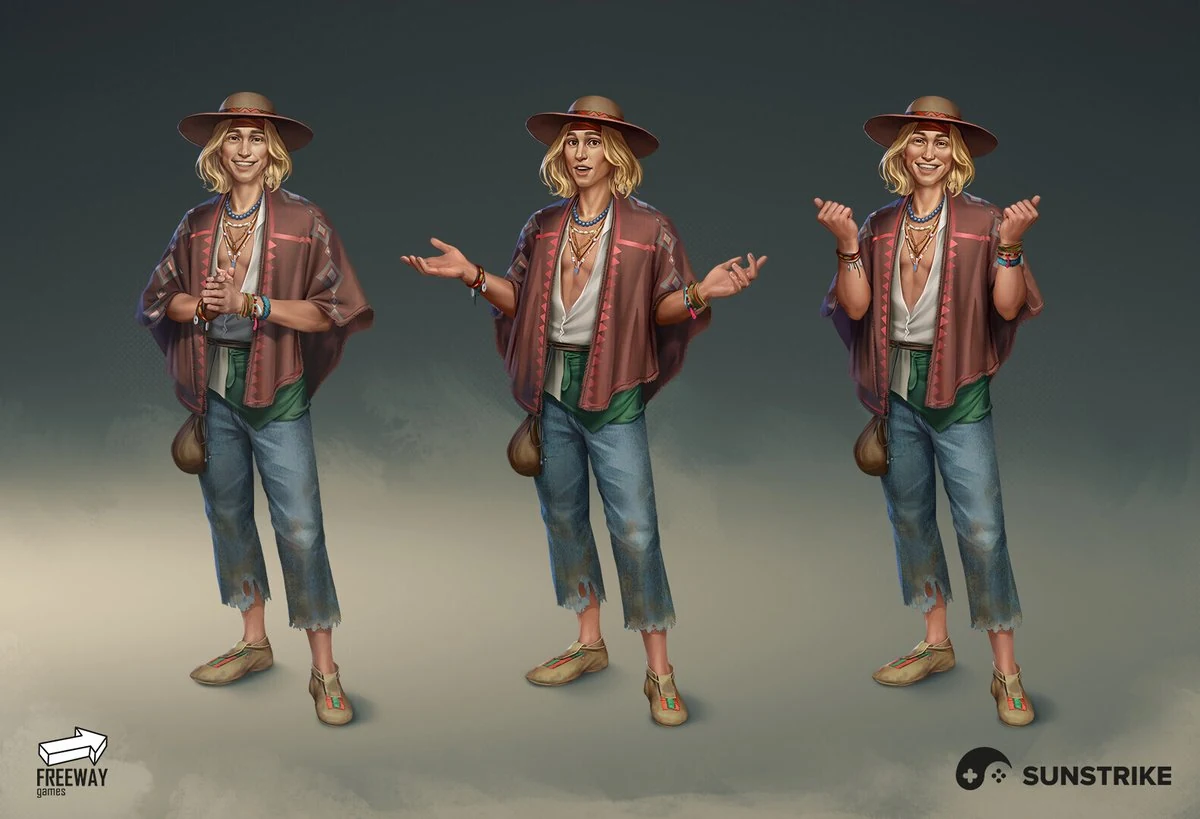 Cartoon-style hero and villain characters created for a Freeway Games project, posed with weapons and signature outfits.