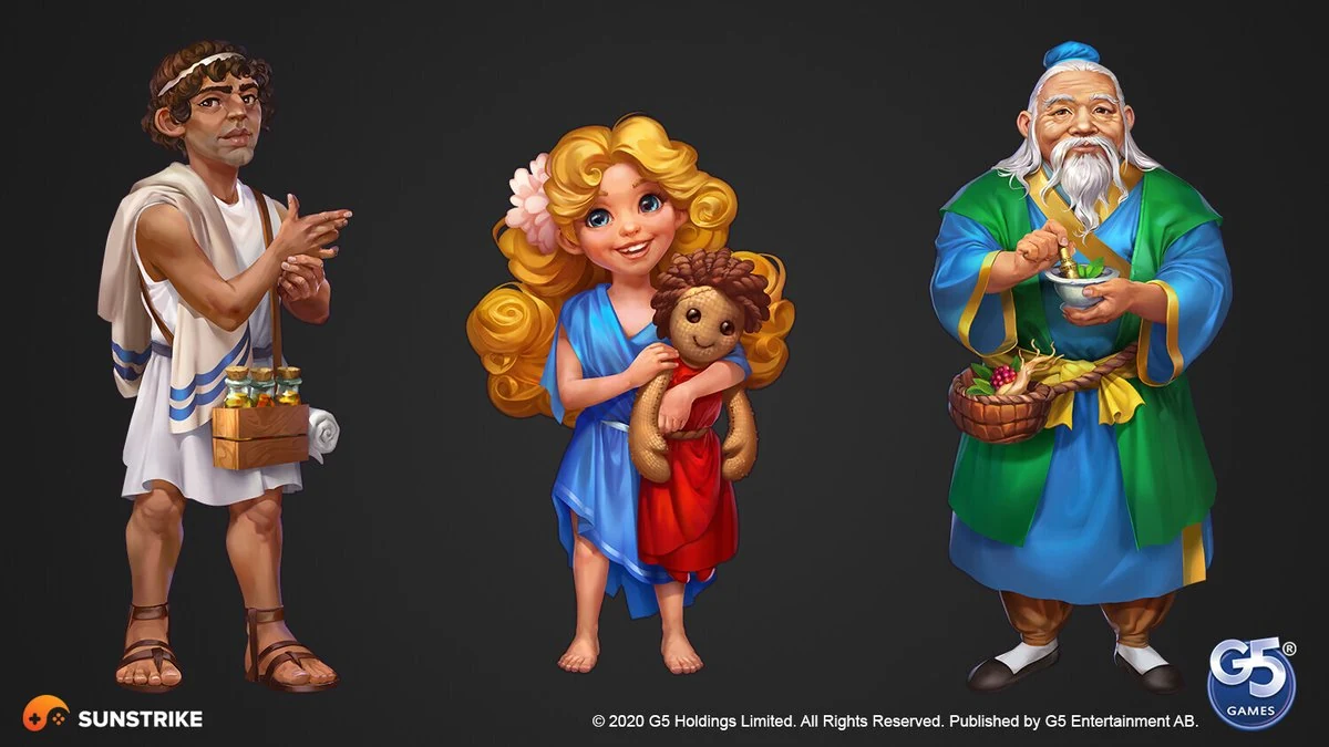 Three stylized 2D character designs for Jewels of Rome - a Roman herbalist with potions, a young blonde girl in a blue tunic holding a rag doll, and a Chinese sage in green robes with a basket of herbs