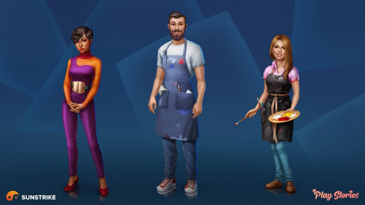 Three stylized 2D character designs for Play Stories Love Games - a confident woman in a purple and orange jumpsuit, a bearded male artist in a paint-smudged apron, and a smiling female painter holding a palette and brush