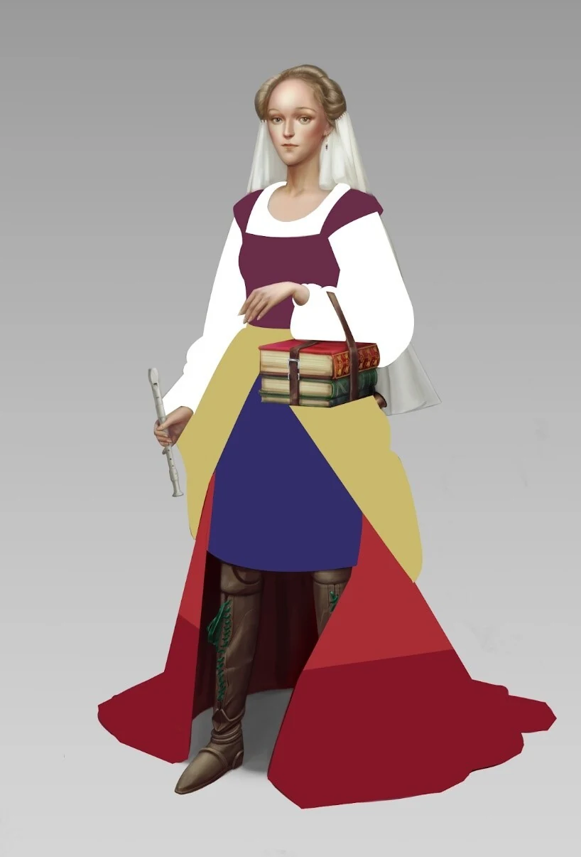 Costume breakdown highlighting five disconnected garment pieces - shawl, top, skirt, underskirt and accessories - that lack visual unity