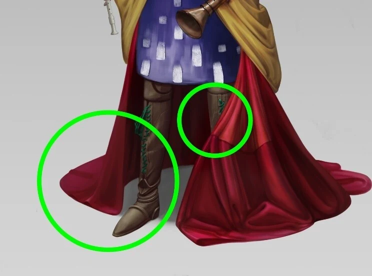Close-up annotation of the red skirt showing the awkward asymmetric fold on the left and the unnaturally rigid geometric edge on the right