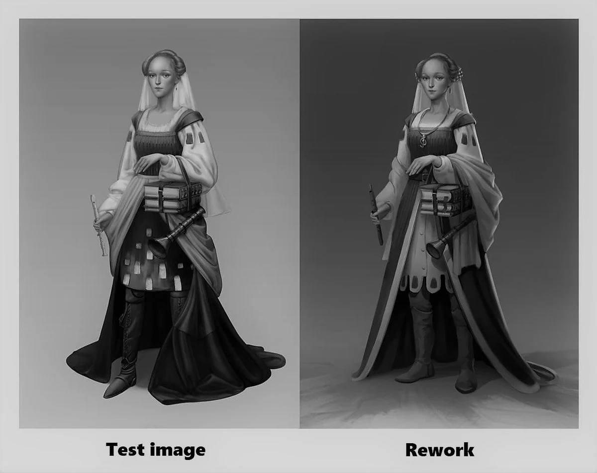 Suggested costume revision showing a double-layered skirt with an underdress and outer dress plus a draped shawl across the shoulders