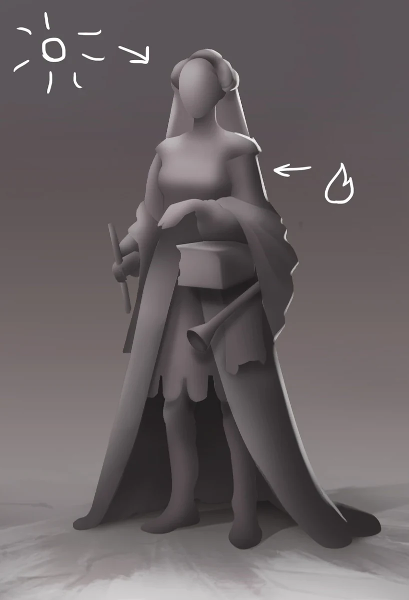 Black-and-white version of the character artwork used to evaluate tonal contrast and value distribution across the figure