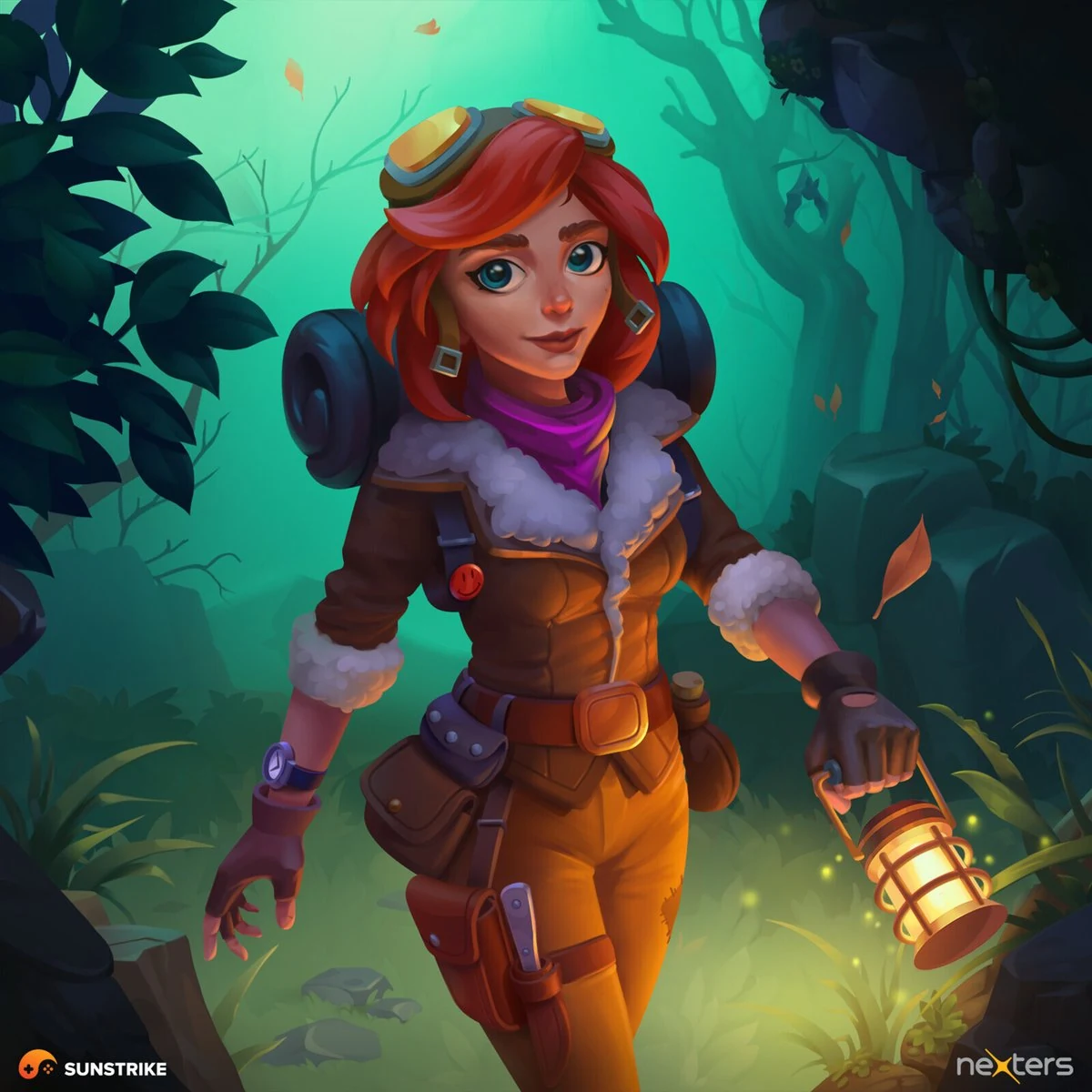 3D character design of a red-haired adventurer with goggles, fur-trimmed coat, lantern in hand, walking through a moody forest
