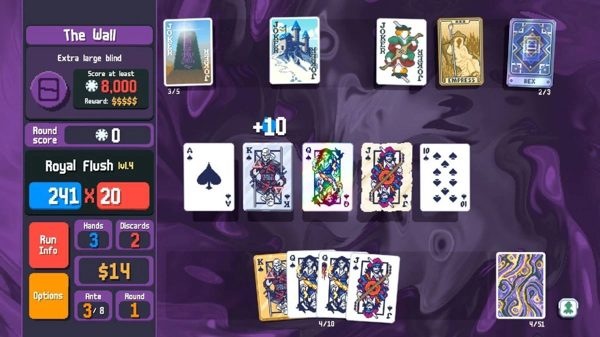 Balatro pixel-art poker UI with joker cards, royal flush hand, blinds panel, and chip score readout on a purple swirl background