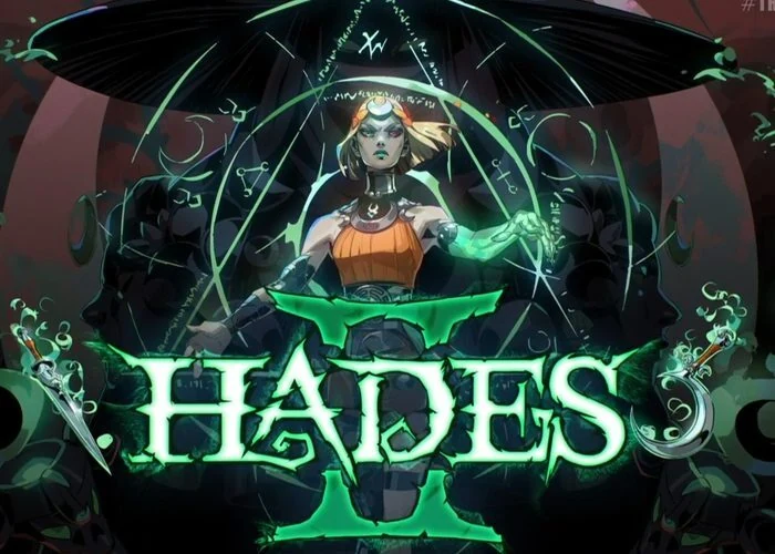 Hades II key art with the witch protagonist Melinoe wreathed in green sigils above the glowing logo on a crimson sanctum