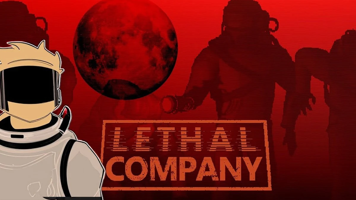 Lethal Company stylized cover art with a cartoon astronaut, blood-red moon, and silhouetted creatures in a co-op horror scene