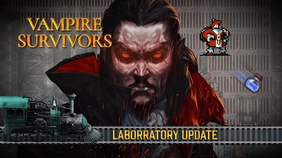 Vampire Survivors Laboratory Update banner with red-eyed vampire portrait, pixel-art knight character, and steam train scene