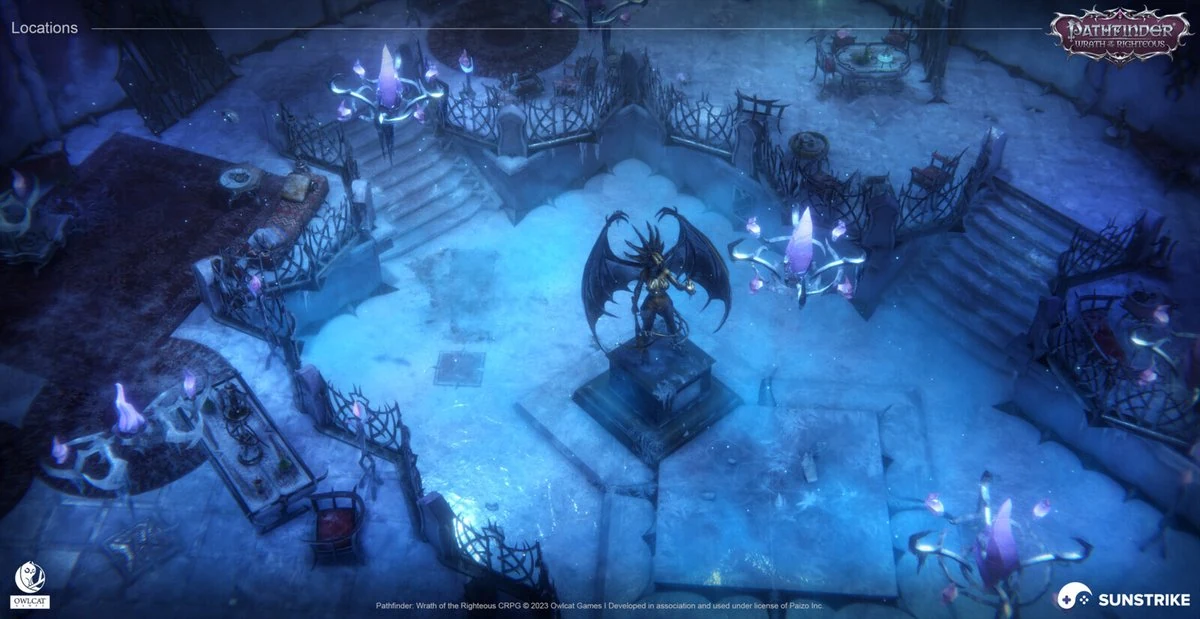 Pathfinder isometric location of a moonlit gothic shrine with winged demon statue, candle altars, and intricate stonework